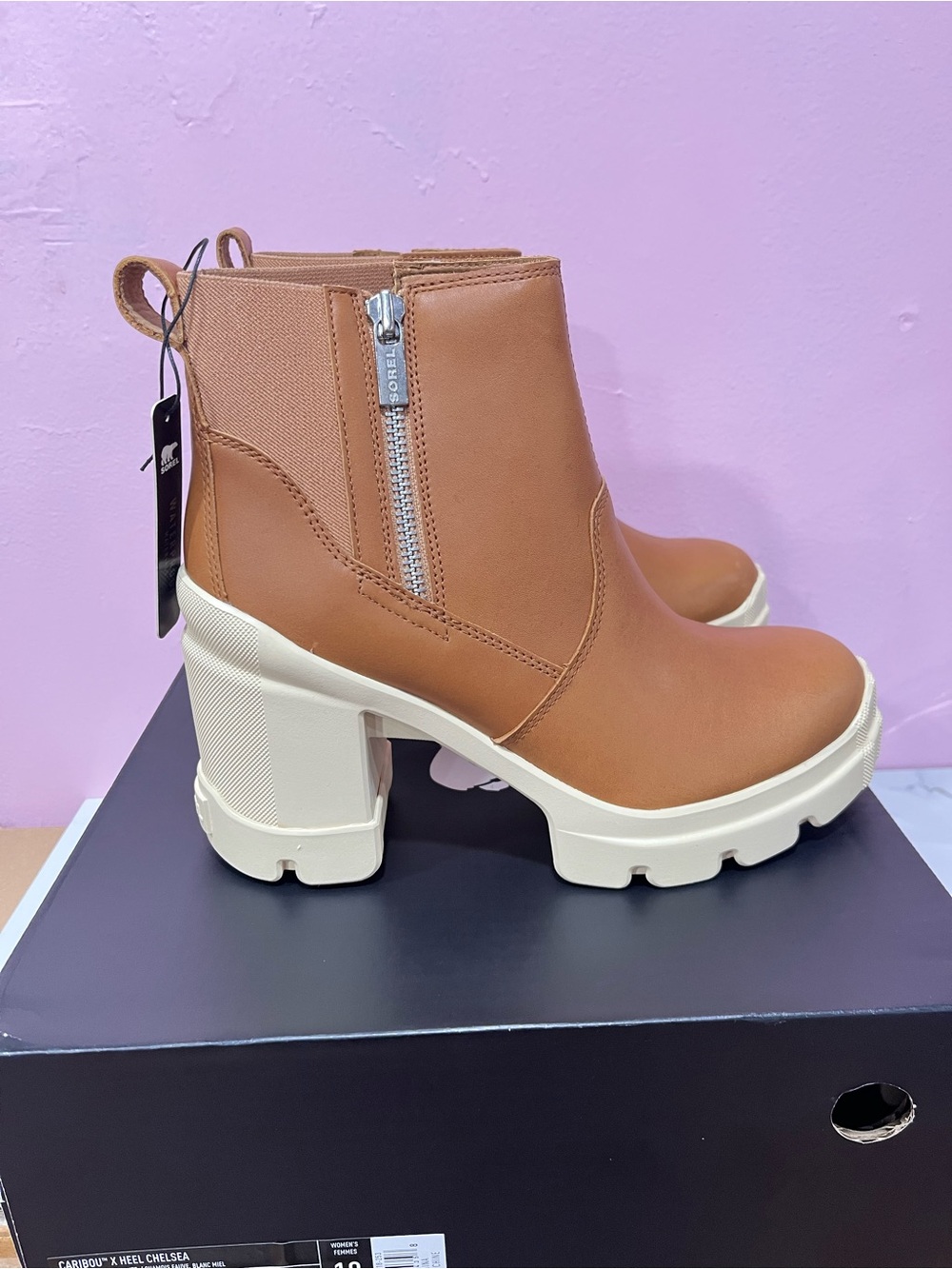 Sorel Tan Platform Lug Heel Ankle Booties with Cream Sole